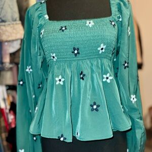 Altar'd State Green Floral Smocked Blouse